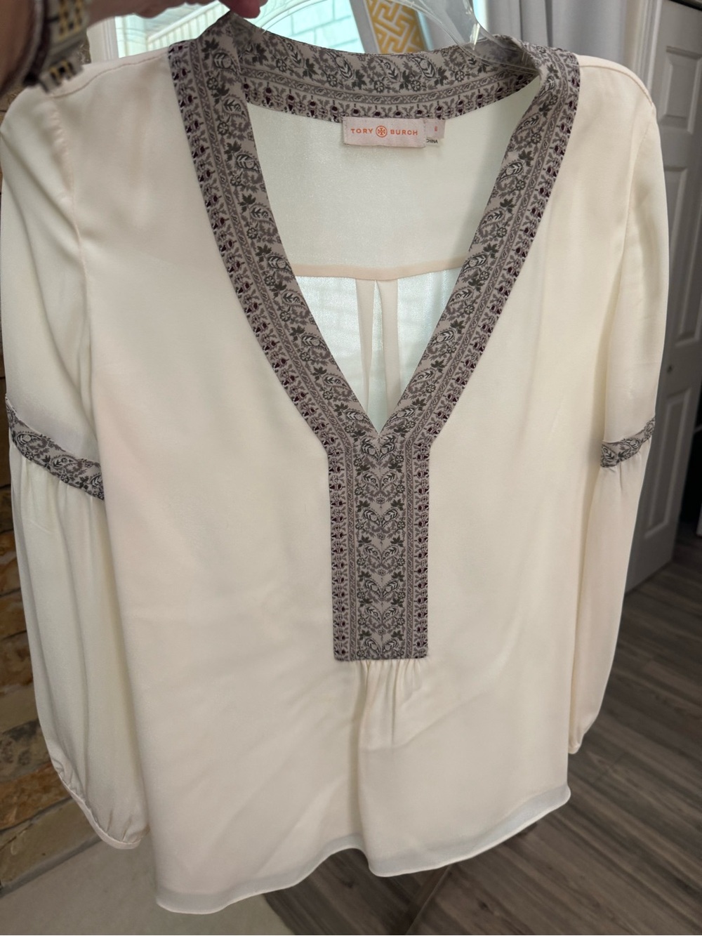 Tory Burch silk Cream Blouse with Gray Embroidered Trim